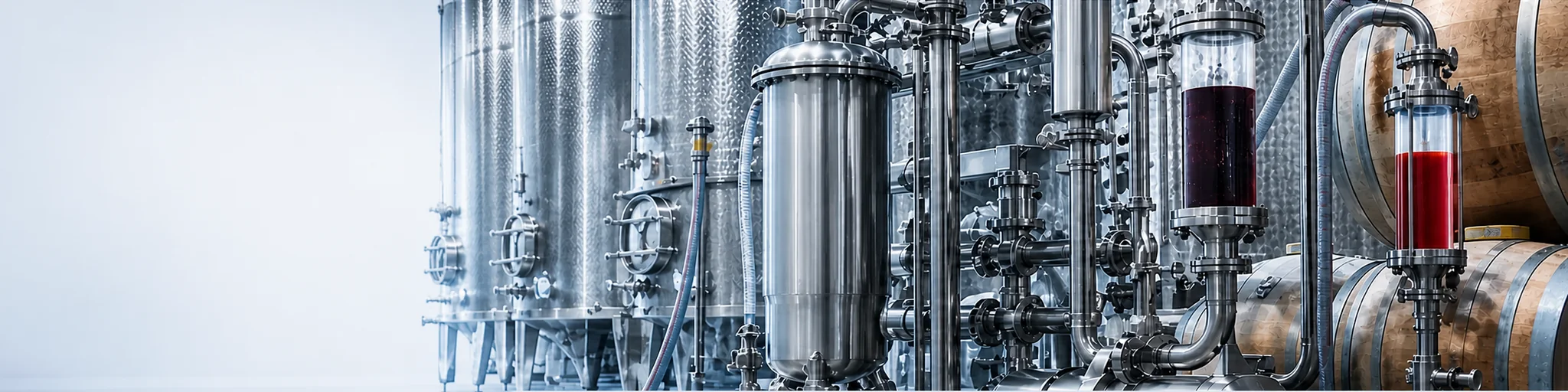 Winery production area with stainless-steel process lines and filtration equipment